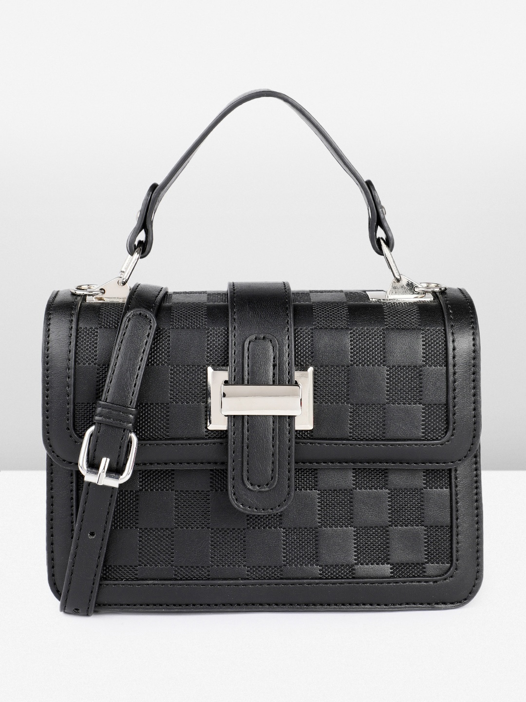 

French Connection Checked Structured Satchel, Black