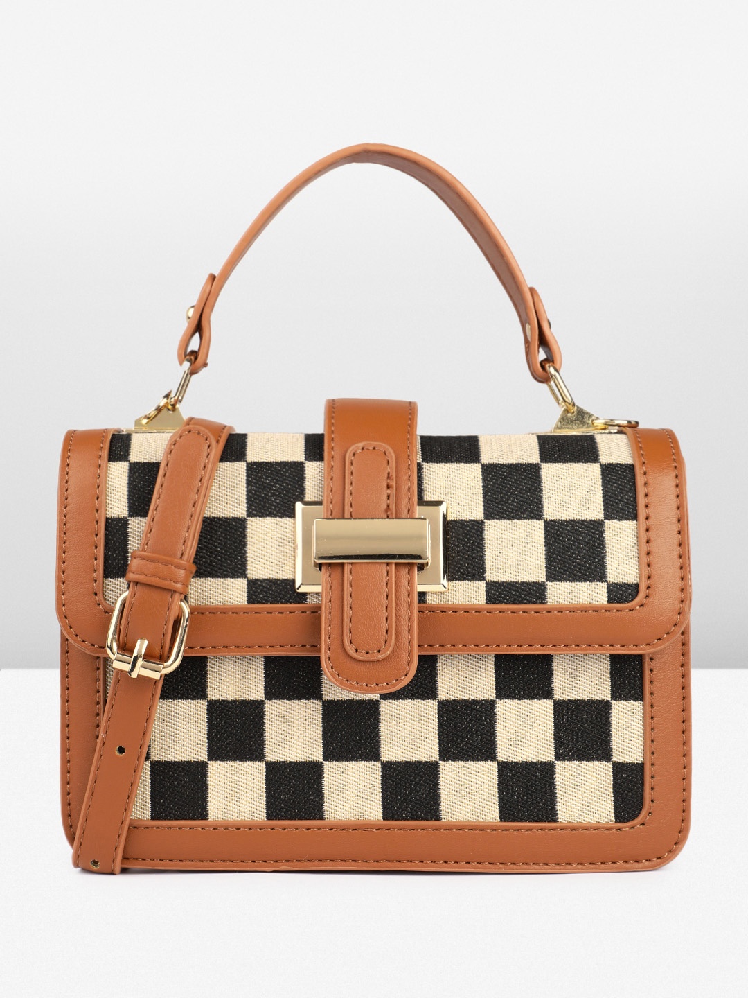 

French Connection Checked Structured Satchel, White