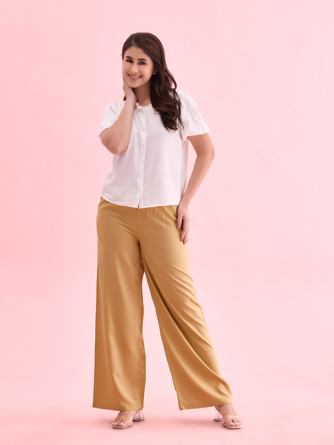 

Go Colors Women Plus Size Wide Leg Palazzos, Beige
