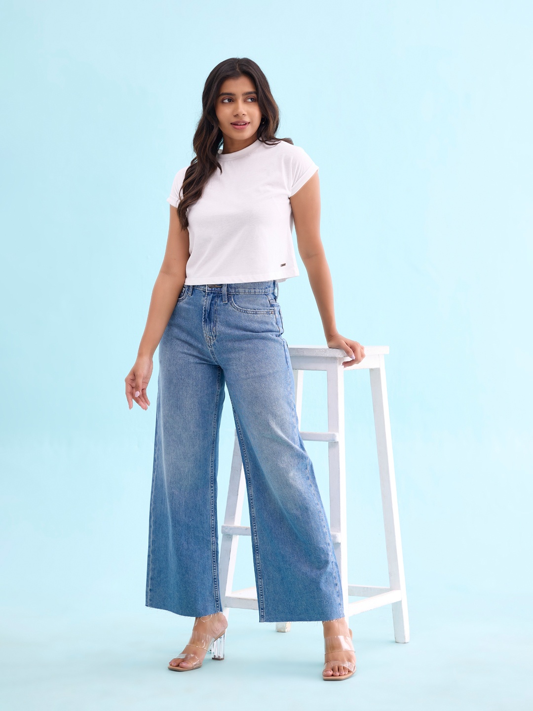 

Go Colors Women Wide Leg High-Rise Cotton Heavy Fade Jeans, Blue