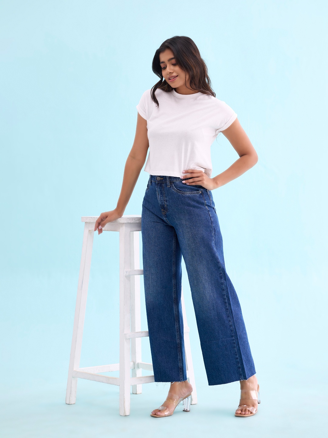 Go Colors Women Wide Leg High-Rise Cotton Light Fade Jeans, Blue