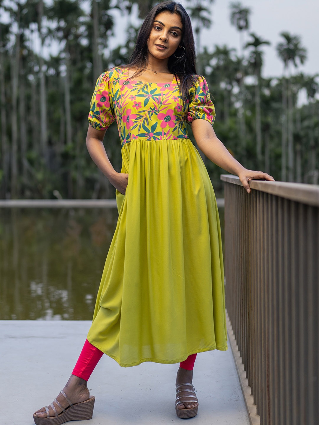 

HAY Floral Printed Square Neck Short Puff Sleeves Anarkali Kurta, Lime green