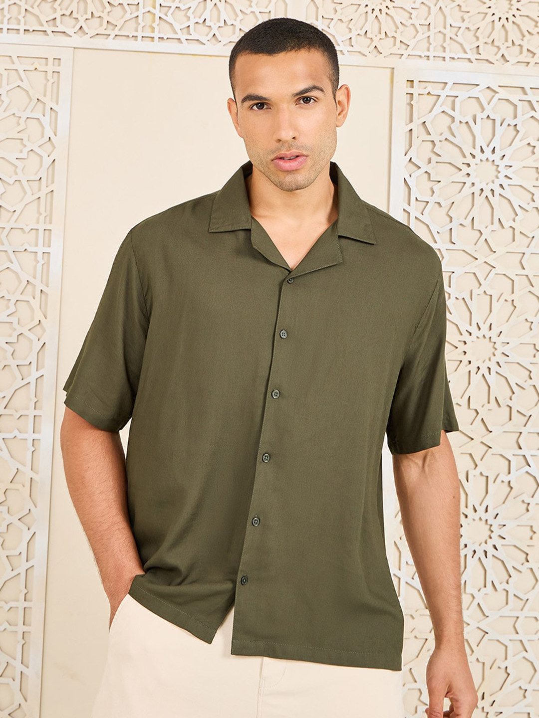 

Styli Olive Green Relaxed Fit Cuban Collar Casual Shirt