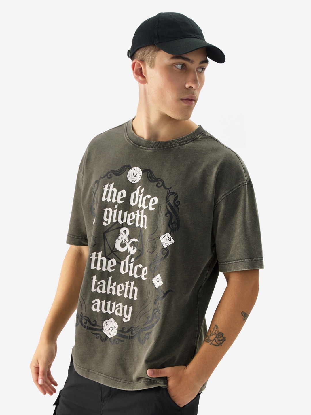 

The Souled Store Men Typography Printed Round Neck Cotton Oversized T-shirt, Olive