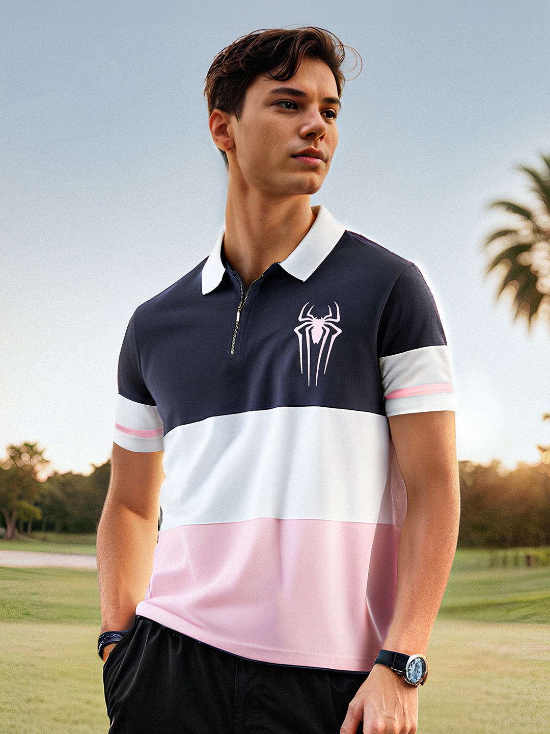 

The Souled Store Colourblocked Polo Collar Cotton T-shirt, Navy blue