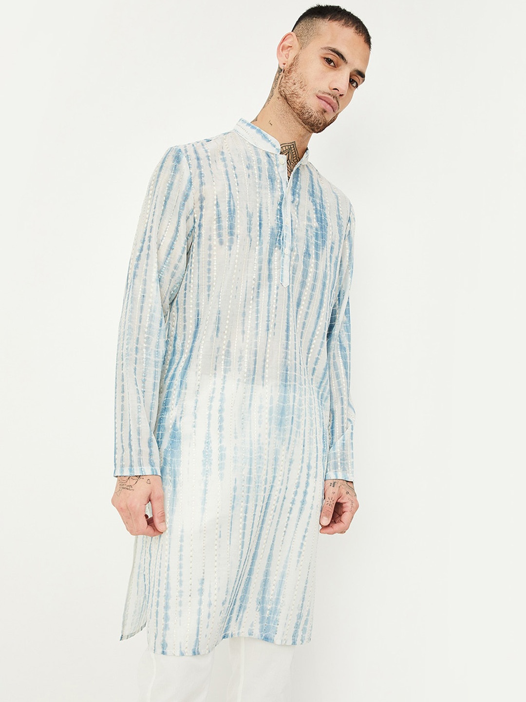 

max Mandarin Collar Dyed Long Sleeves Kurta, Blue