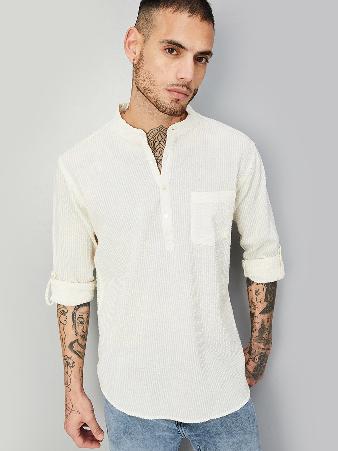 

max Mandarin Collar Long Sleeves Striped Cotton Kurta, Off white