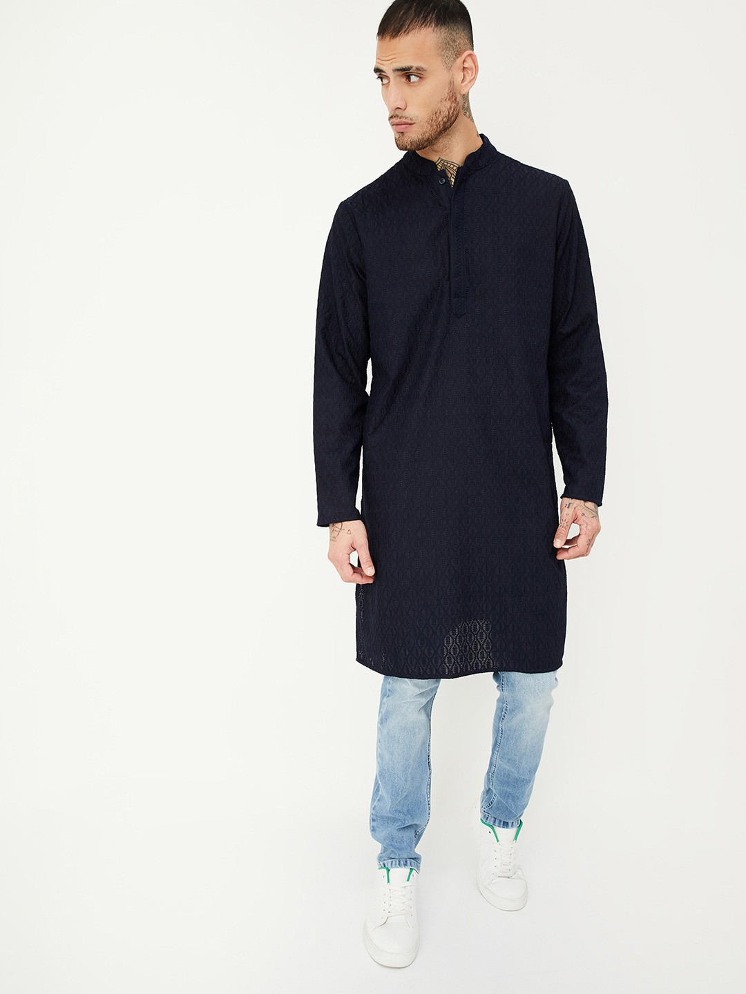 

max Mandarin Collar Long Sleeves Chikankari Kurta, Navy blue