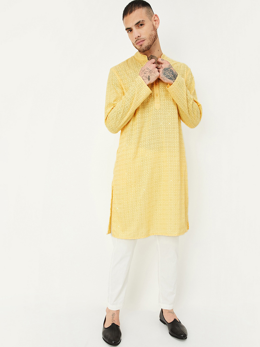 

max Mandarin Collar Thread Work Kurta, Yellow