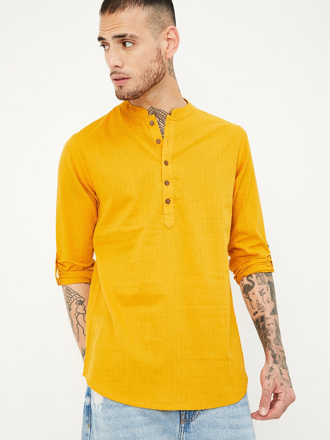 

max Mandarin Collar Long Sleeves Cotton Kurta, Yellow