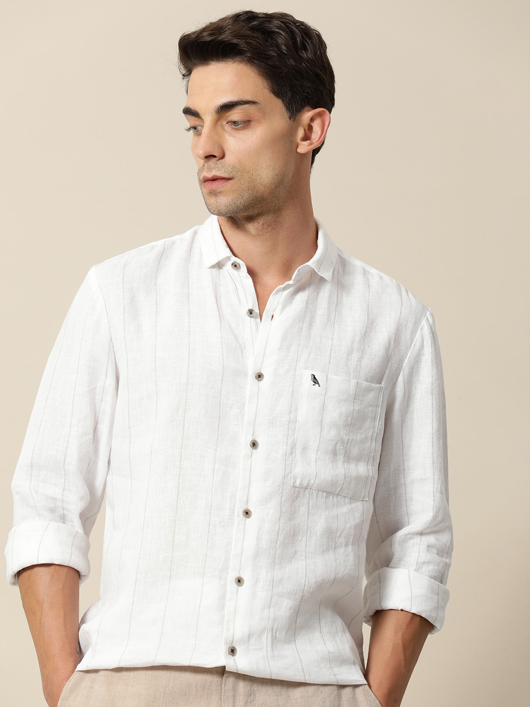 

Mr Bowerbird Men Tailored Fit Pure Linen Summer Stripe Shirt, Off white