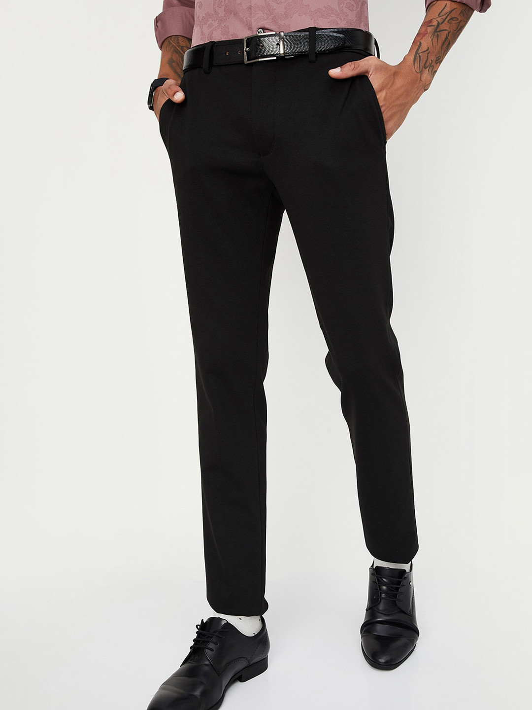 

max Men Regular Fit Mid-Rise Formal Trousers, Black