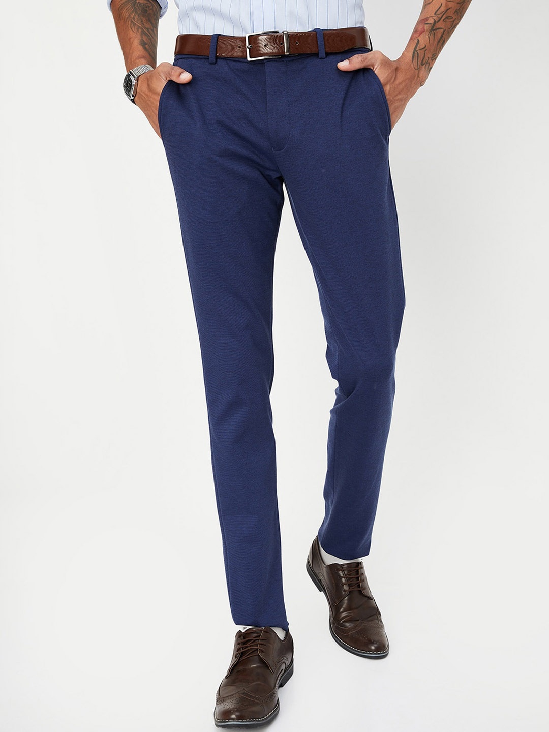 

max Men Regular Fit Mid-Rise Formal Trousers, Navy blue