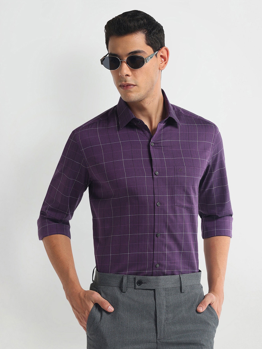 

Arrow Slim Fit Windowpane Checks Opaque Checked Cotton Formal Shirt, Purple