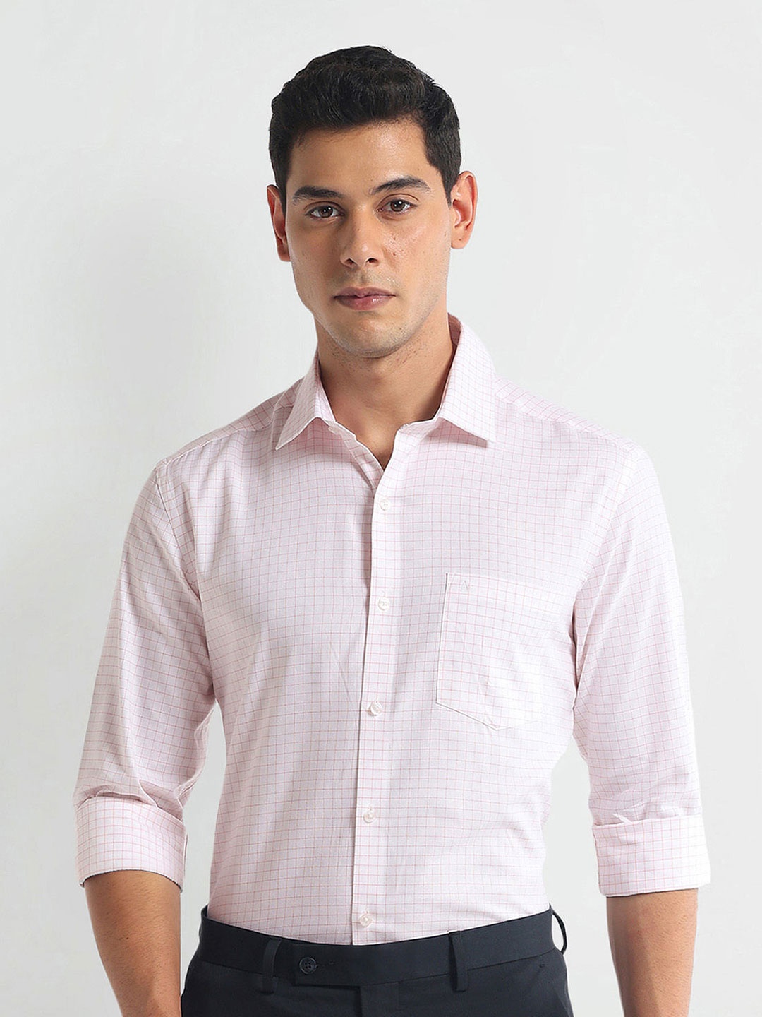 

Arrow Spread Collar Slim Fit Opaque Checked Cotton Formal Shirt, Pink