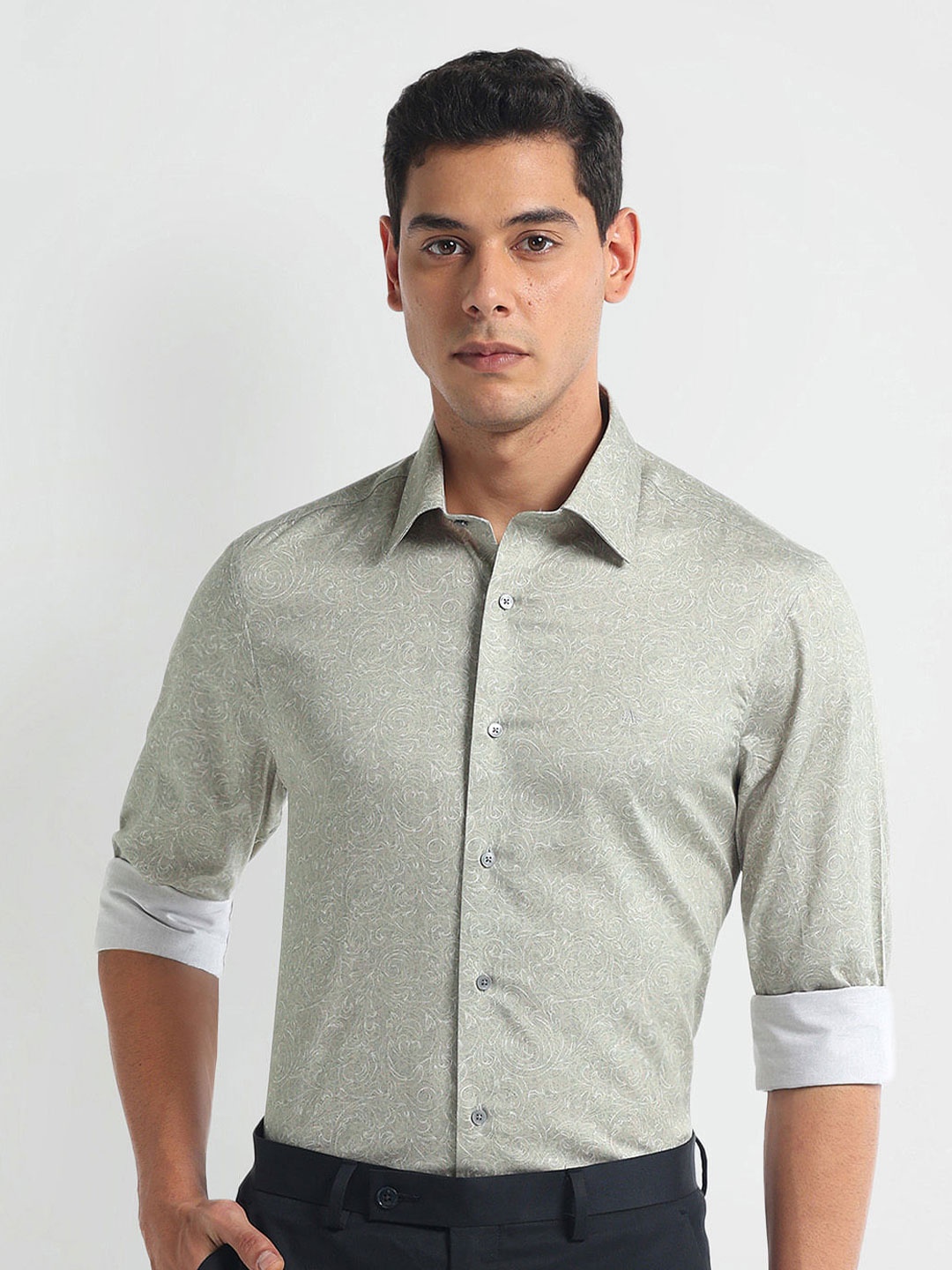

Arrow Spread Collar Slim Fit Opaque Striped Cotton 1851 Formal Shirt, Green