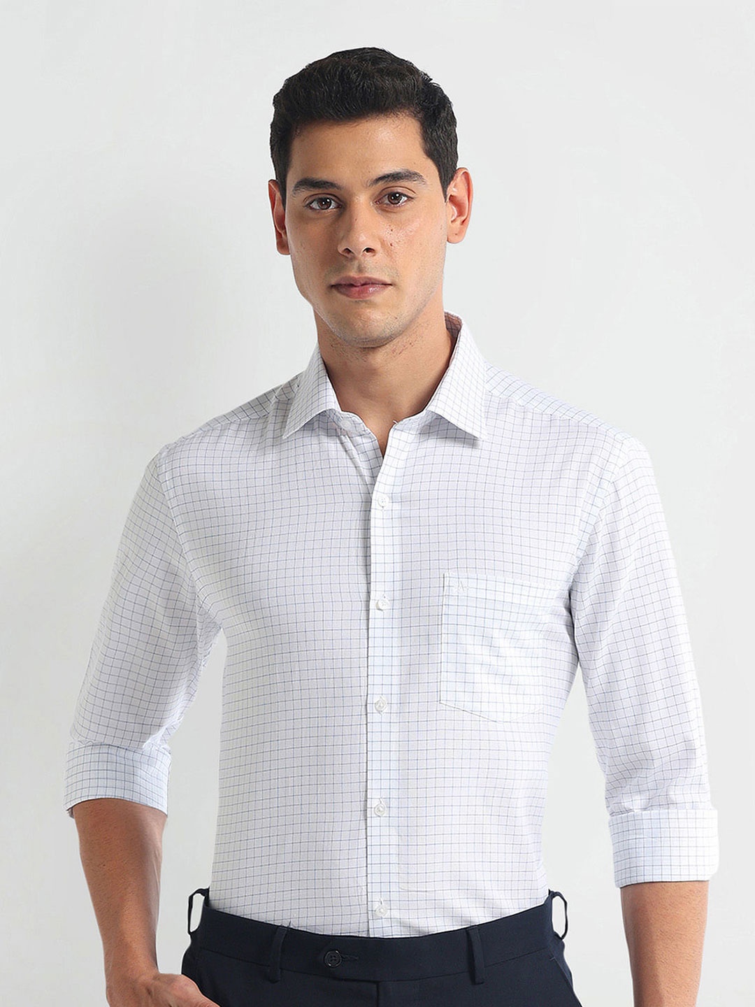

Arrow Spread Collar Slim Fit Checked Opaque Cotton Formal Shirt, Blue