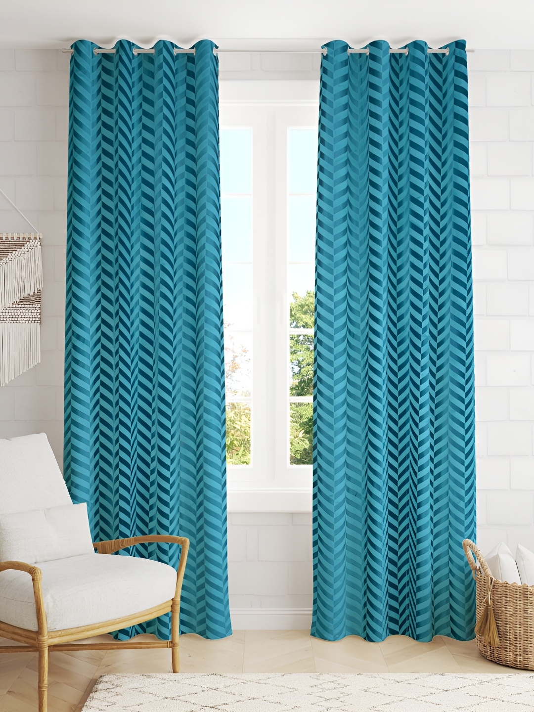 

RIDHAAN Blue 2 Pieces Zig Zag Embellished Room Darkening Long Door Curtain