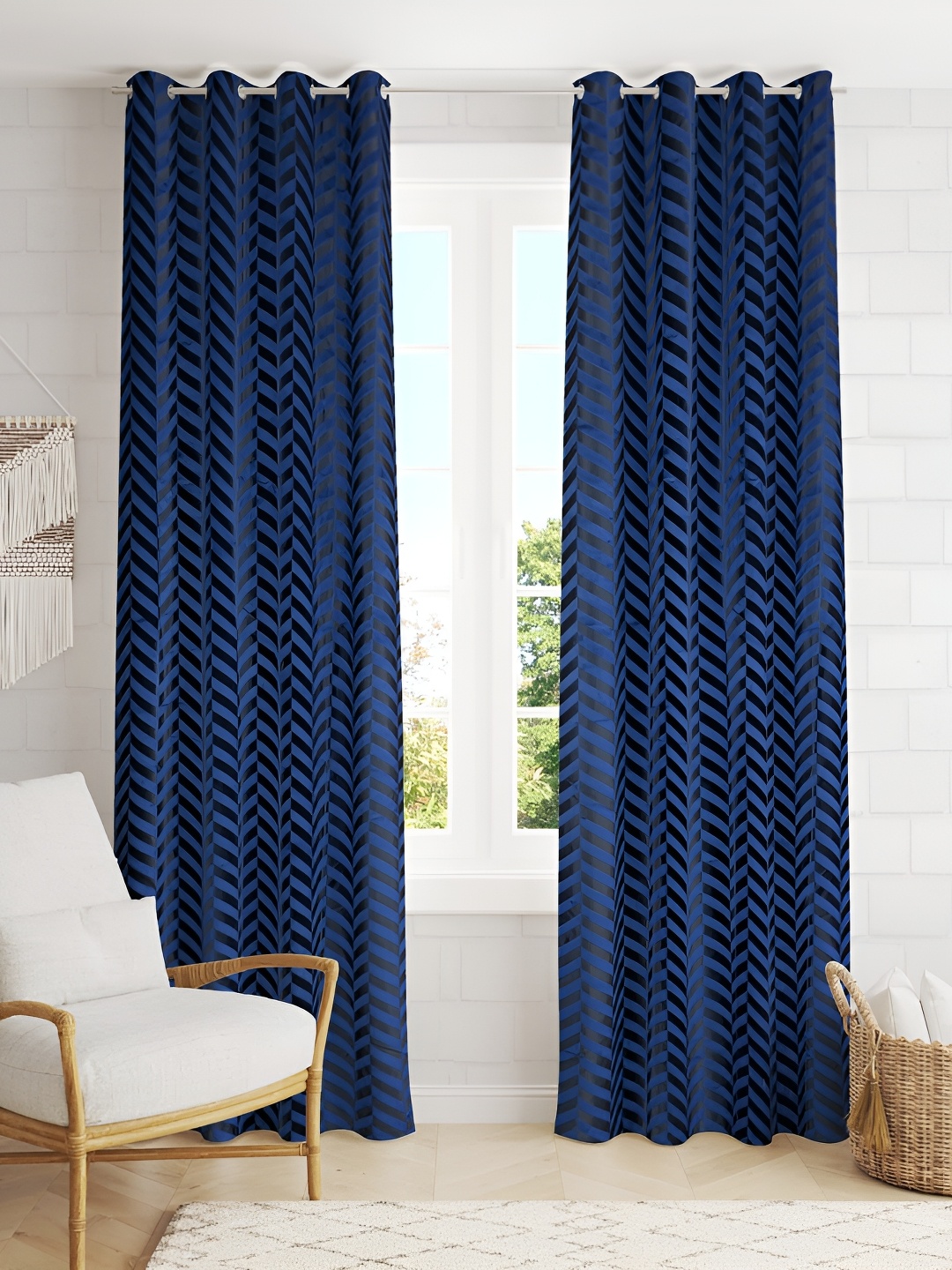 

RIDHAAN Navy Blue 2 Pieces Zig Zag Embellished Darkening Velvet Door Curtain