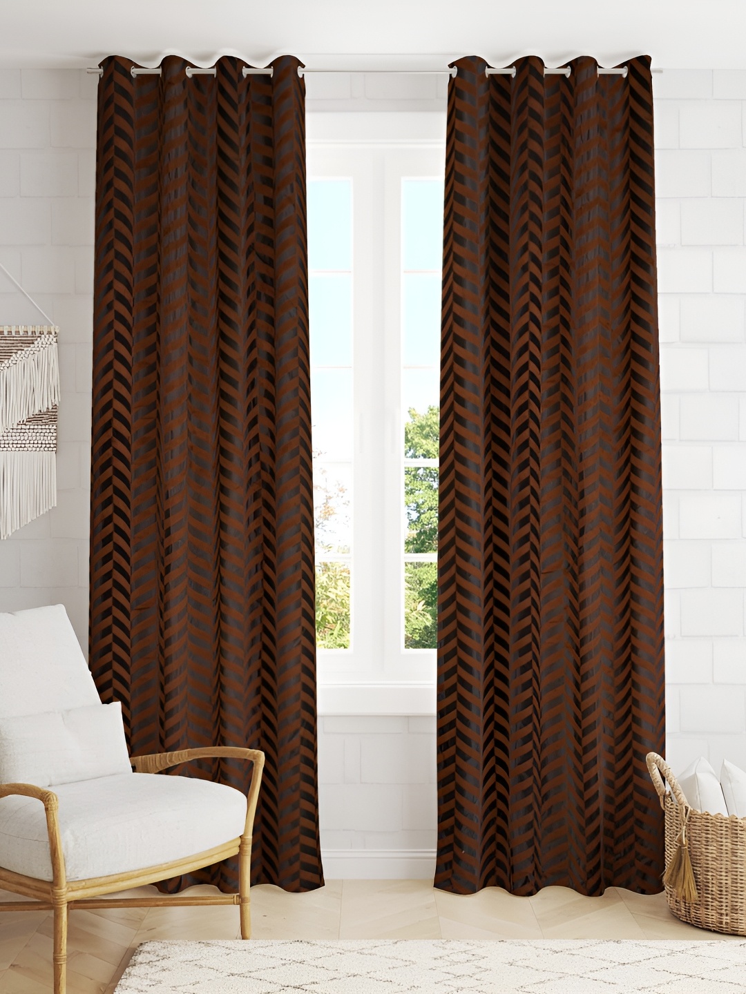 

RIDHAAN Brown 2 Pieces Zig Zag Embellished Darkening Velvet Window Curtains