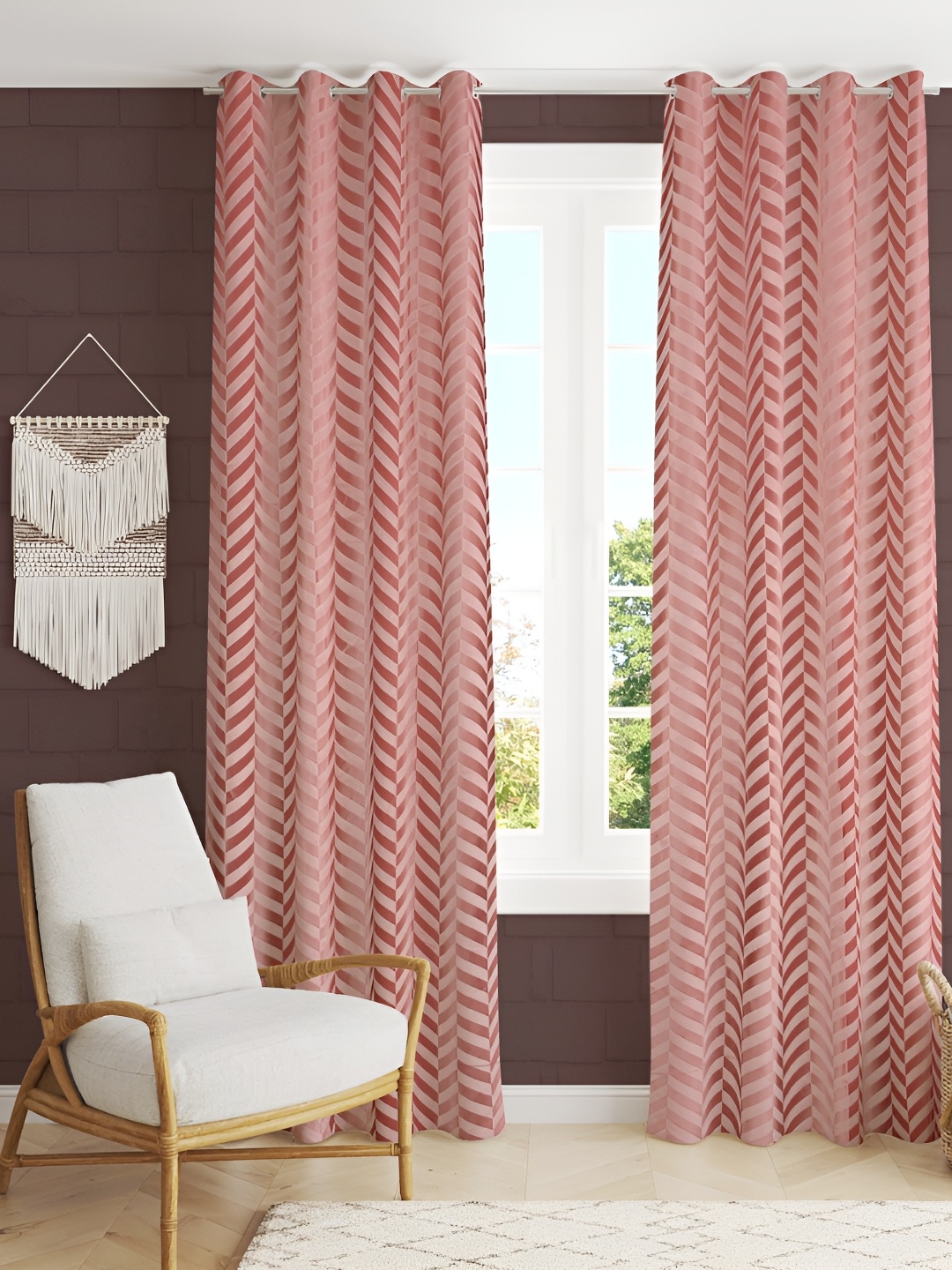 

RIDHAAN Pink 2 Pieces Zig Zag Embellished Room Darkening Velvet Door Curtain