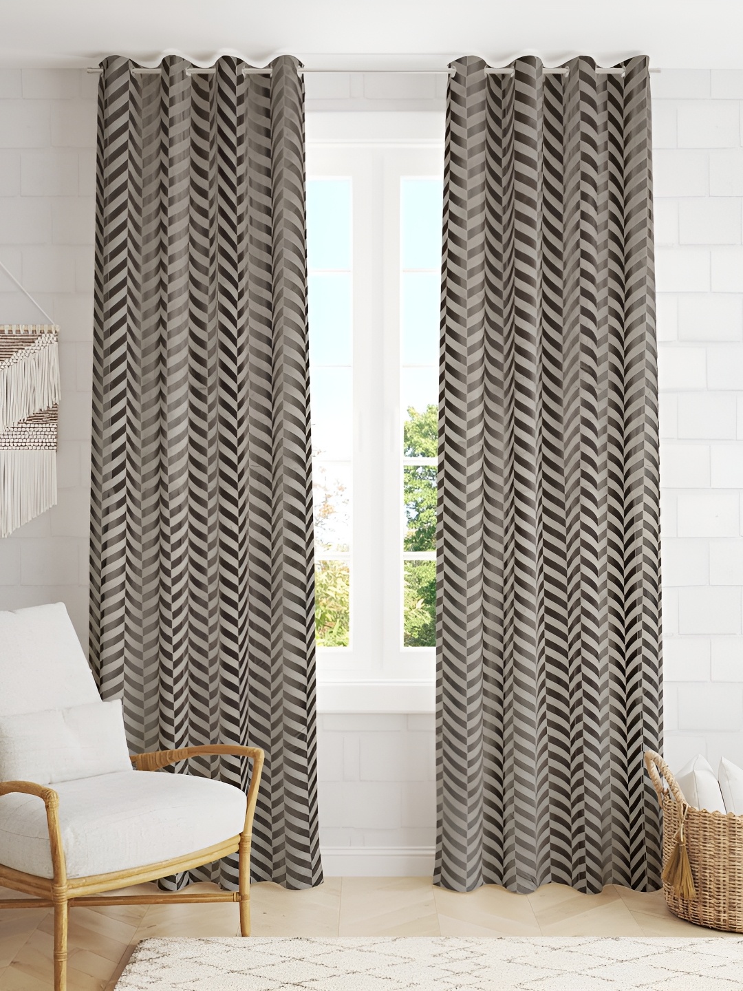 

RIDHAAN Grey 2 Pieces Zig Zag Embellished Room Darkening Long Door Curtain