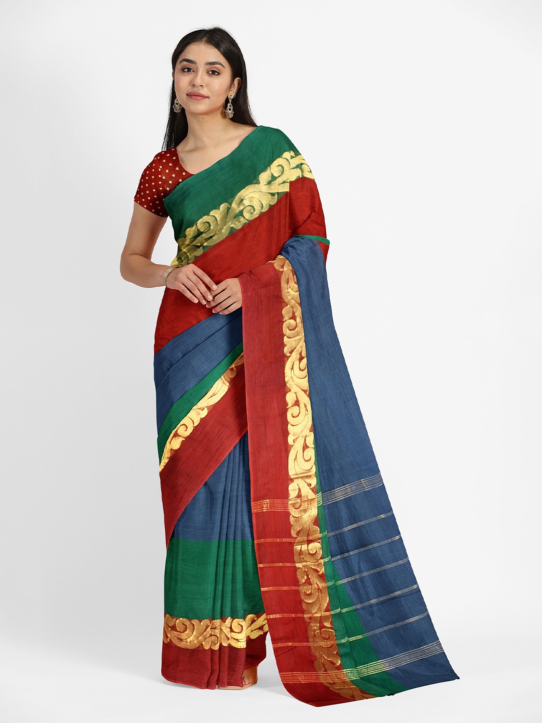 

Weaves of Tradition Colourblocked Zari Pure Cotton Chettinad Saree, Navy blue