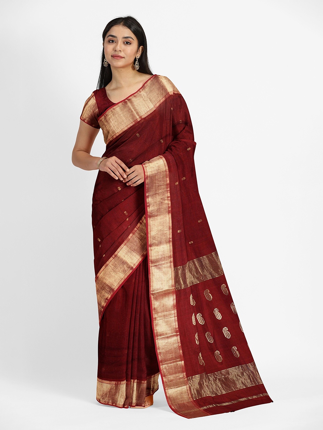 

Weaves of Tradition Ethnic Motifs Woven Design Zari Silk Cotton Maheshwari Saree, Maroon