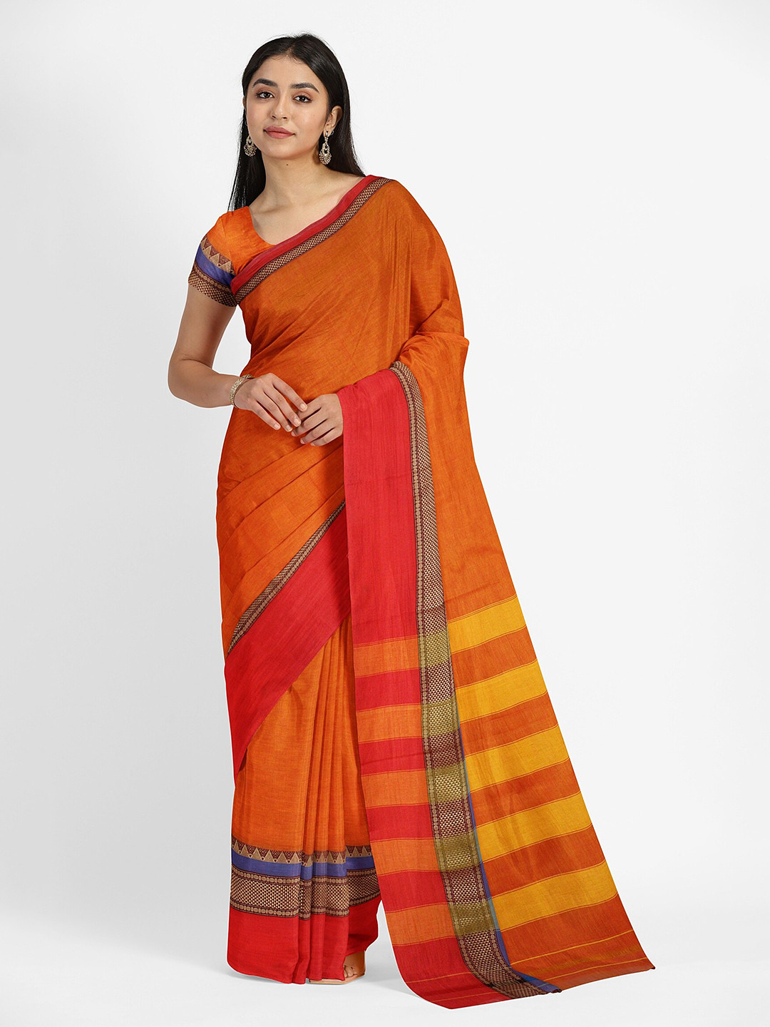 

Weaves of Tradition Pure Cotton Narayan Peth Saree, Orange