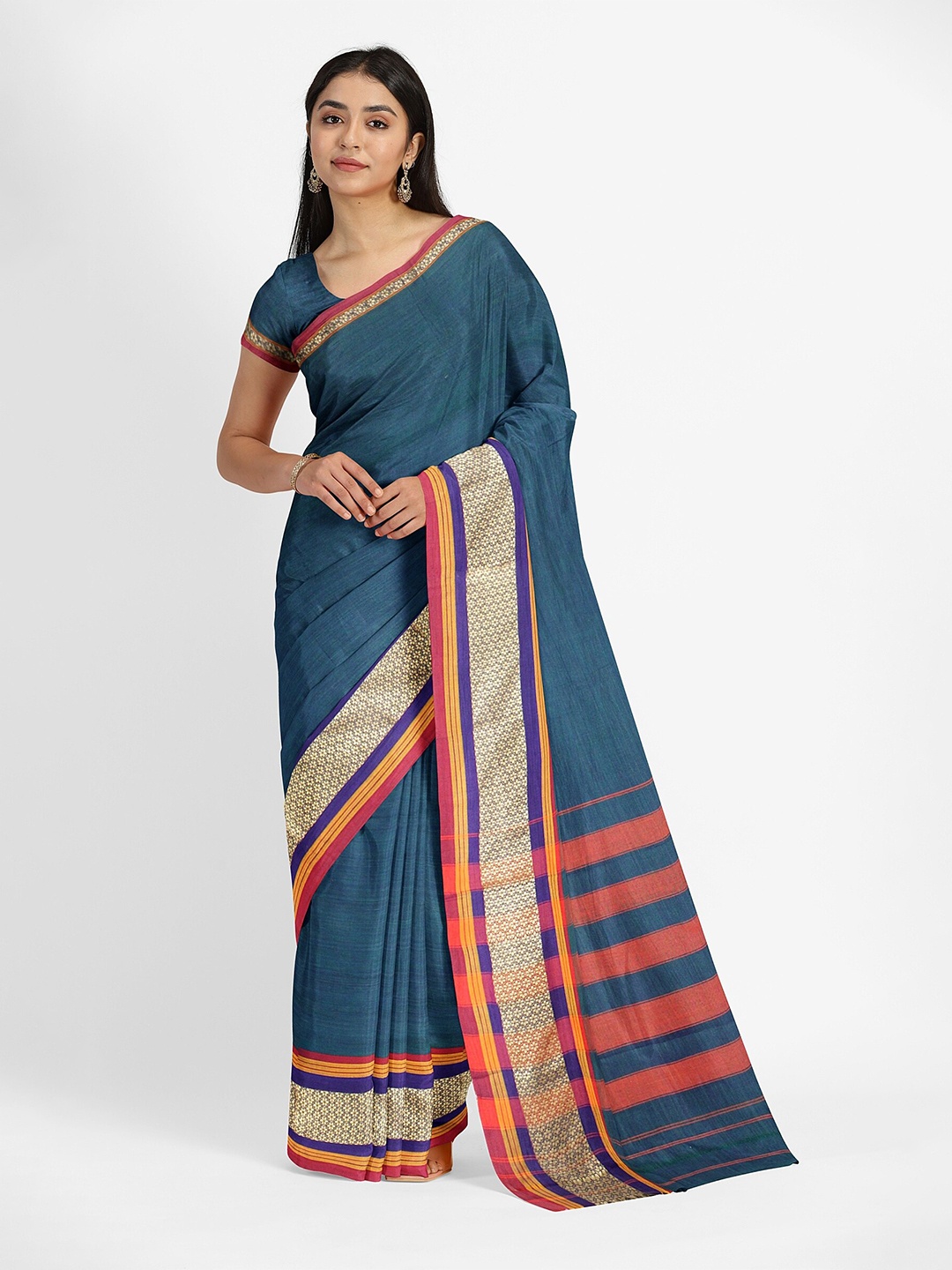 

Weaves of Tradition Pure Cotton Narayan Peth Saree, Blue