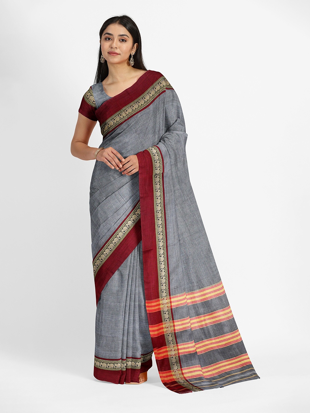 

Weaves of Tradition Pure Cotton Narayan Peth Saree, Grey