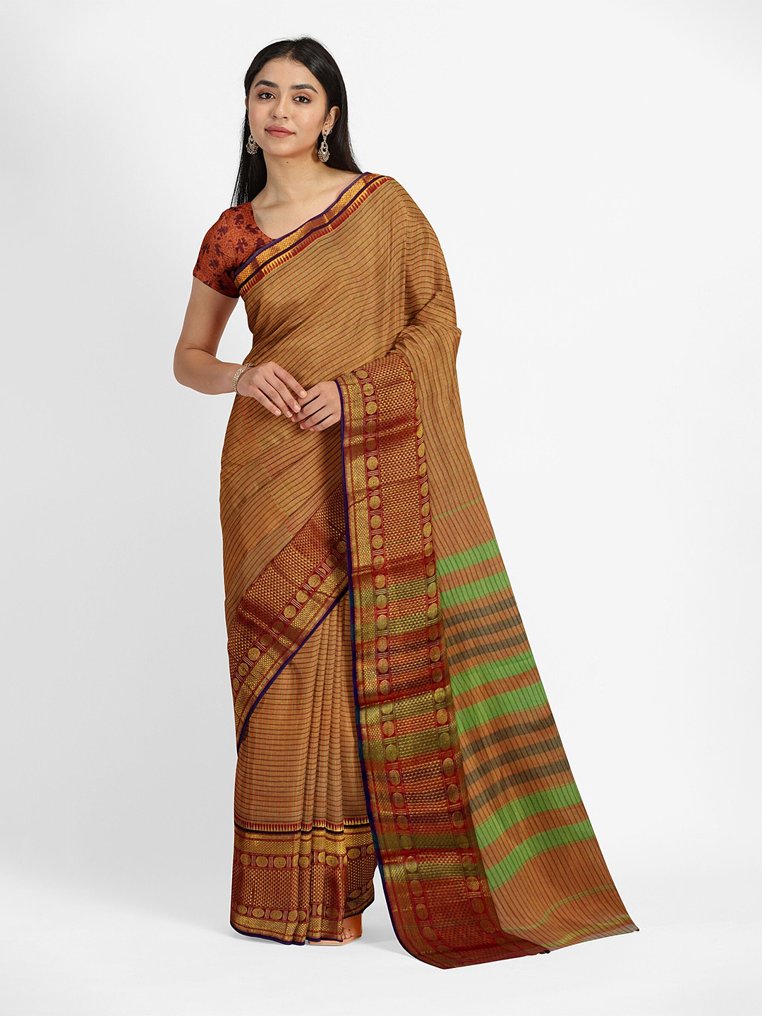 

Weaves of Tradition Striped Pure Cotton Narayan Peth Saree, Brown