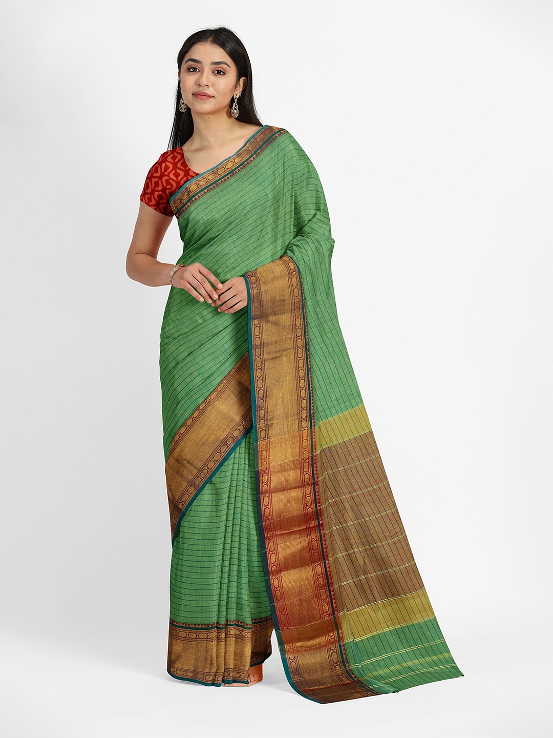 

Weaves of Tradition Striped Pure Cotton Zari Narayan Peth Saree, Green