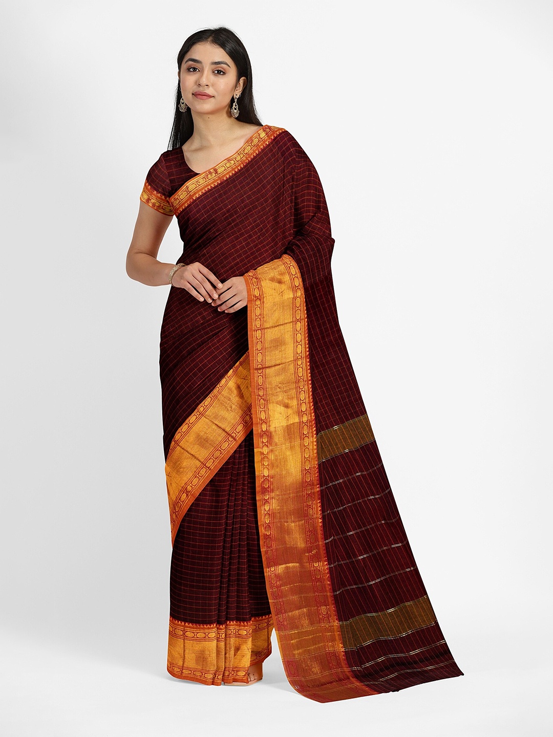 

Weaves of Tradition Checked Pure Cotton Zari Narayan Peth Saree, Maroon