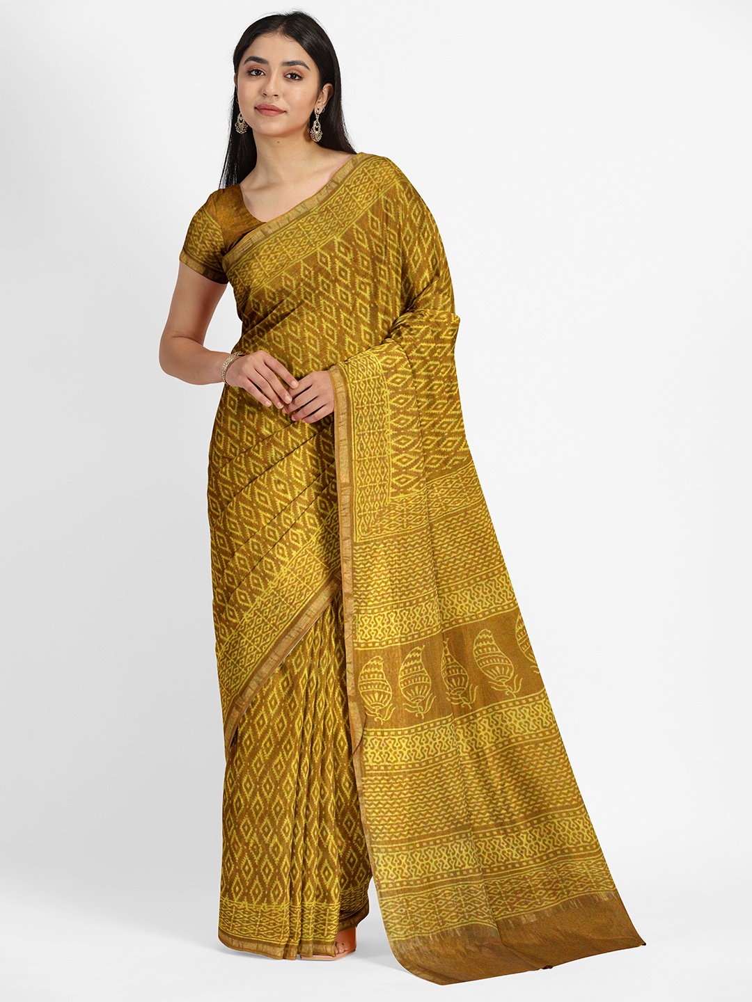 

Weaves of Tradition Ethnic Motifs Printed Zari Silk Cotton Chanderi Saree, Mustard