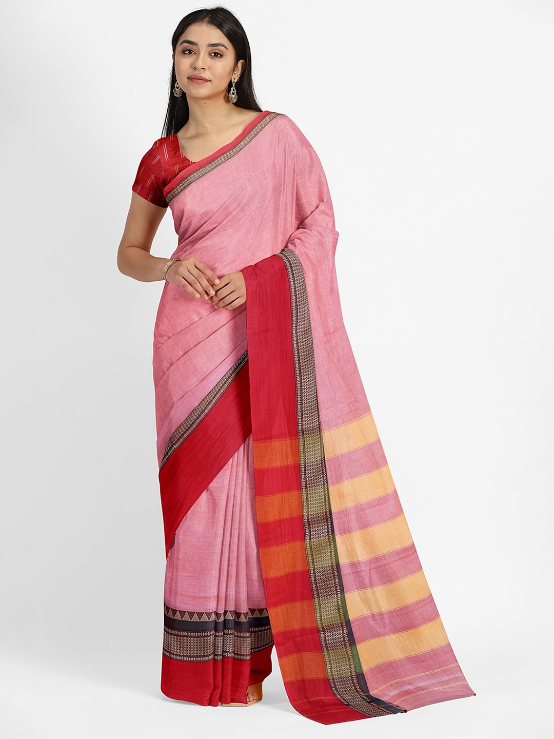 

Weaves of Tradition Pure Cotton Narayan Peth Saree, Pink