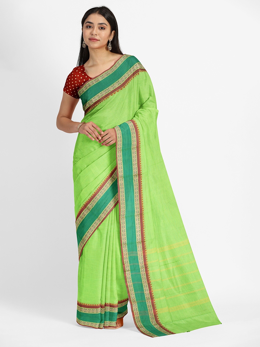 

Weaves of Tradition Zari Pure Cotton Chettinad Saree, Green