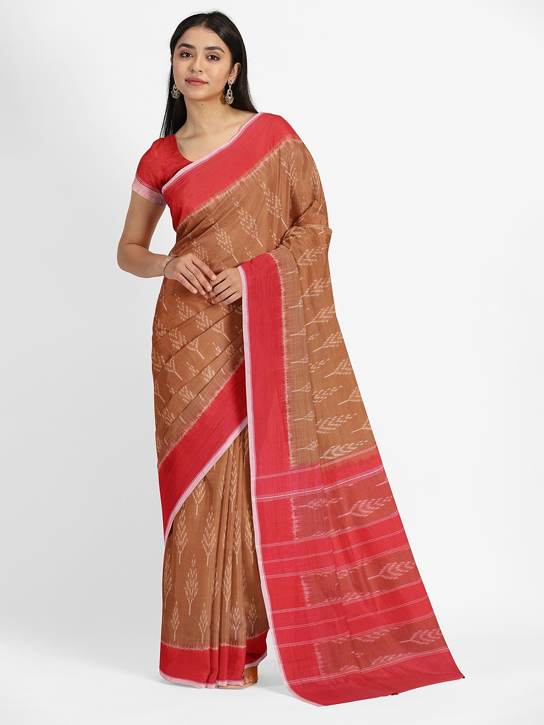 

Weaves of Tradition Ethnic Motifs Woven Design Pure Cotton Ikat Saree, Brown