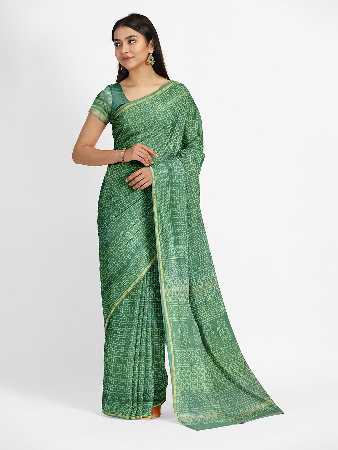 

Weaves of Tradition Dabu Zari Silk Cotton Chanderi Saree, Green