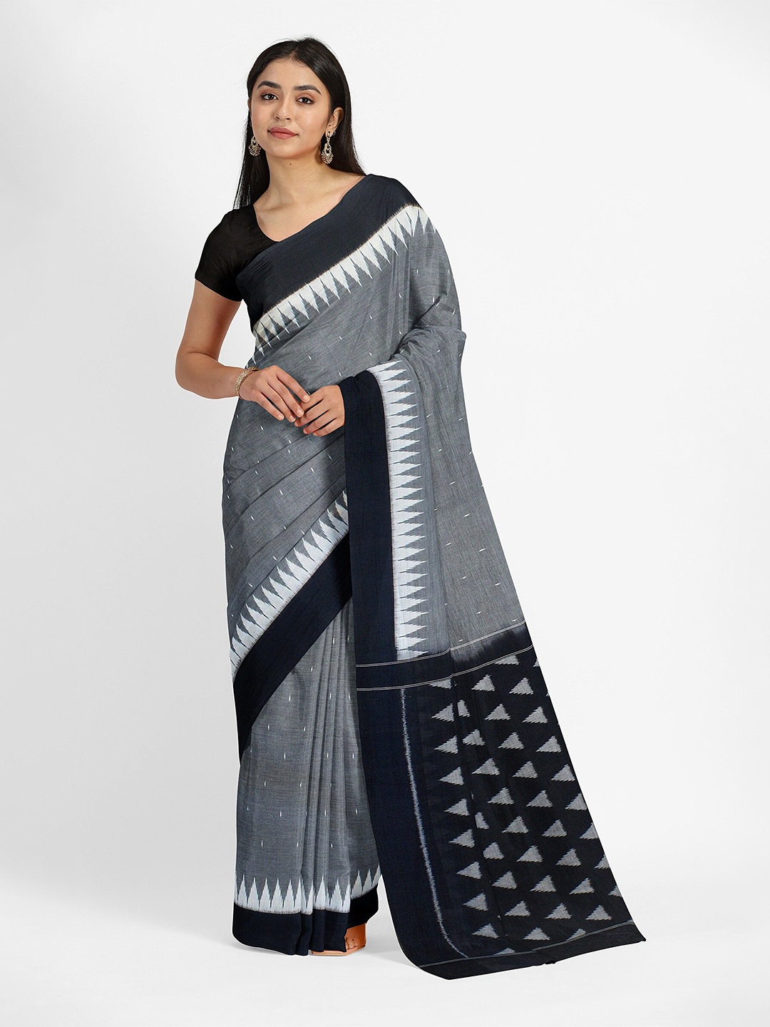 

Weaves of Tradition Woven Design Pure Cotton Ikat Saree, Grey
