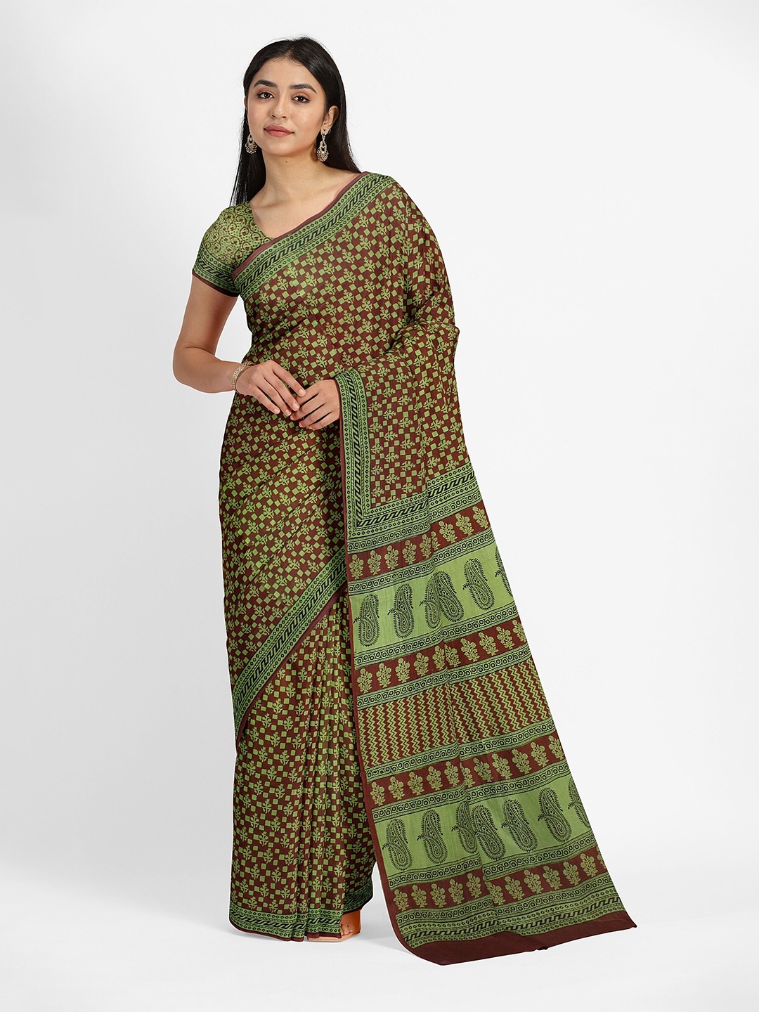 

Weaves of Tradition Ethnic Motifs Pure Cotton Bagh Saree, Green