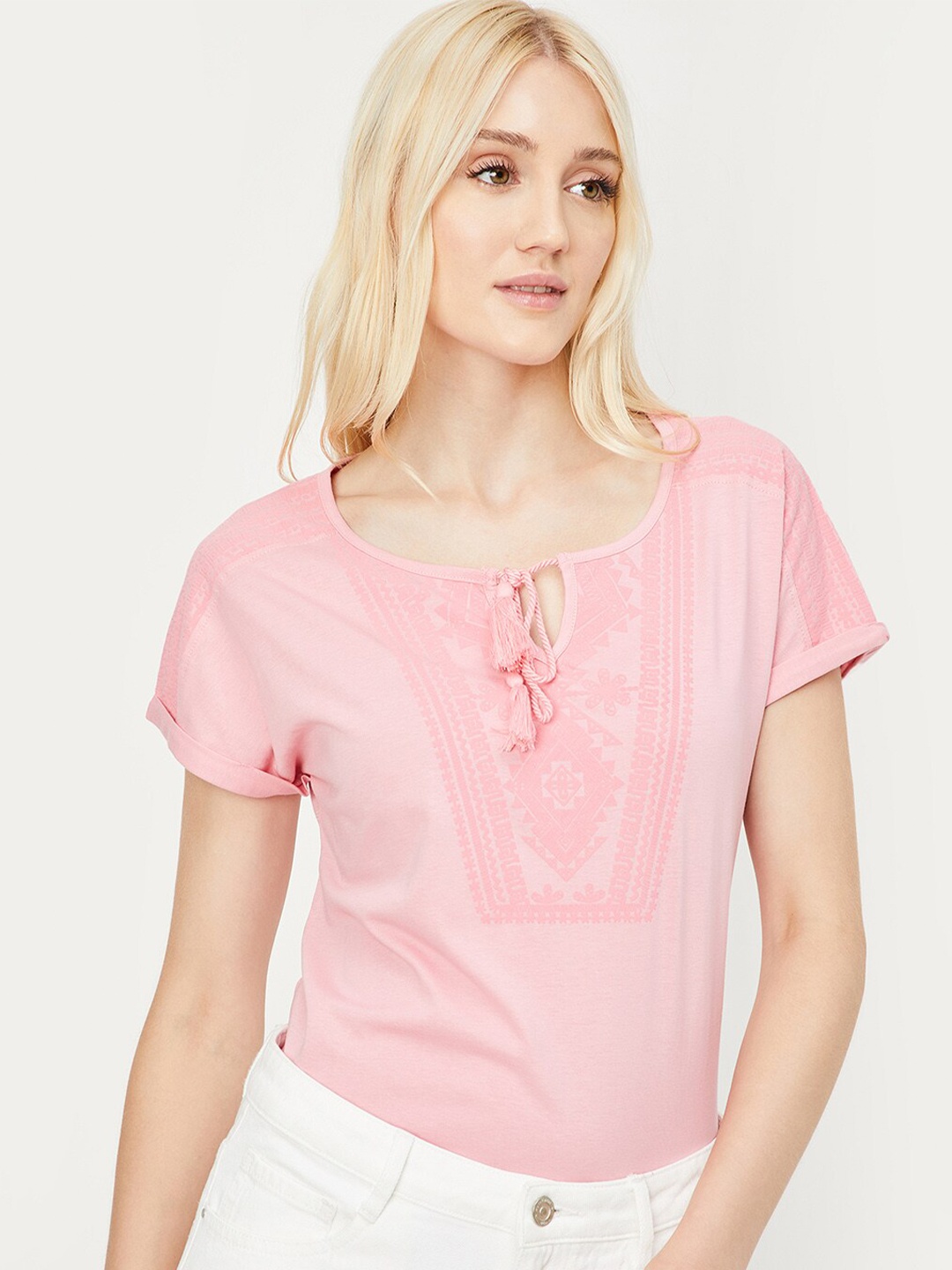 

max Embroidered Pure Cotton Extended Sleeves T-shirt, Pink