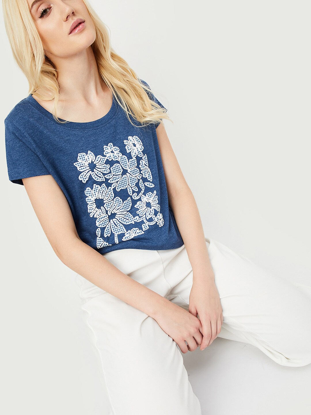 

max Floral Printed Round Neck Cotton T-shirt, Navy blue