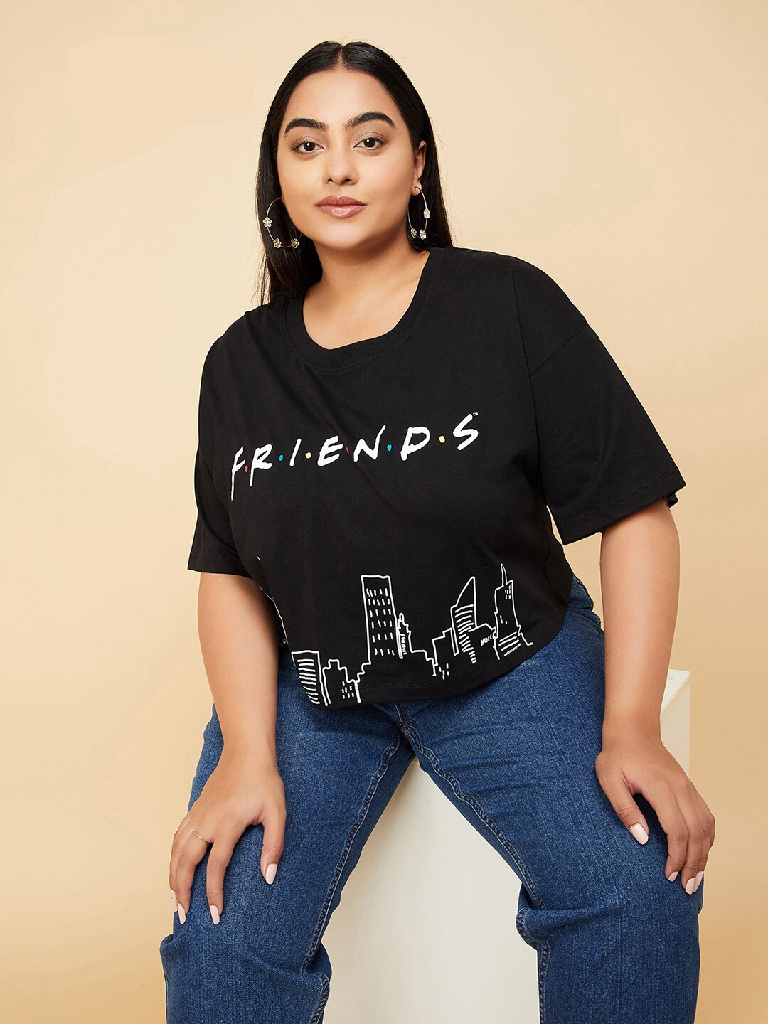 

max Plus Size Typography Printed Cotton T-shirt, Black