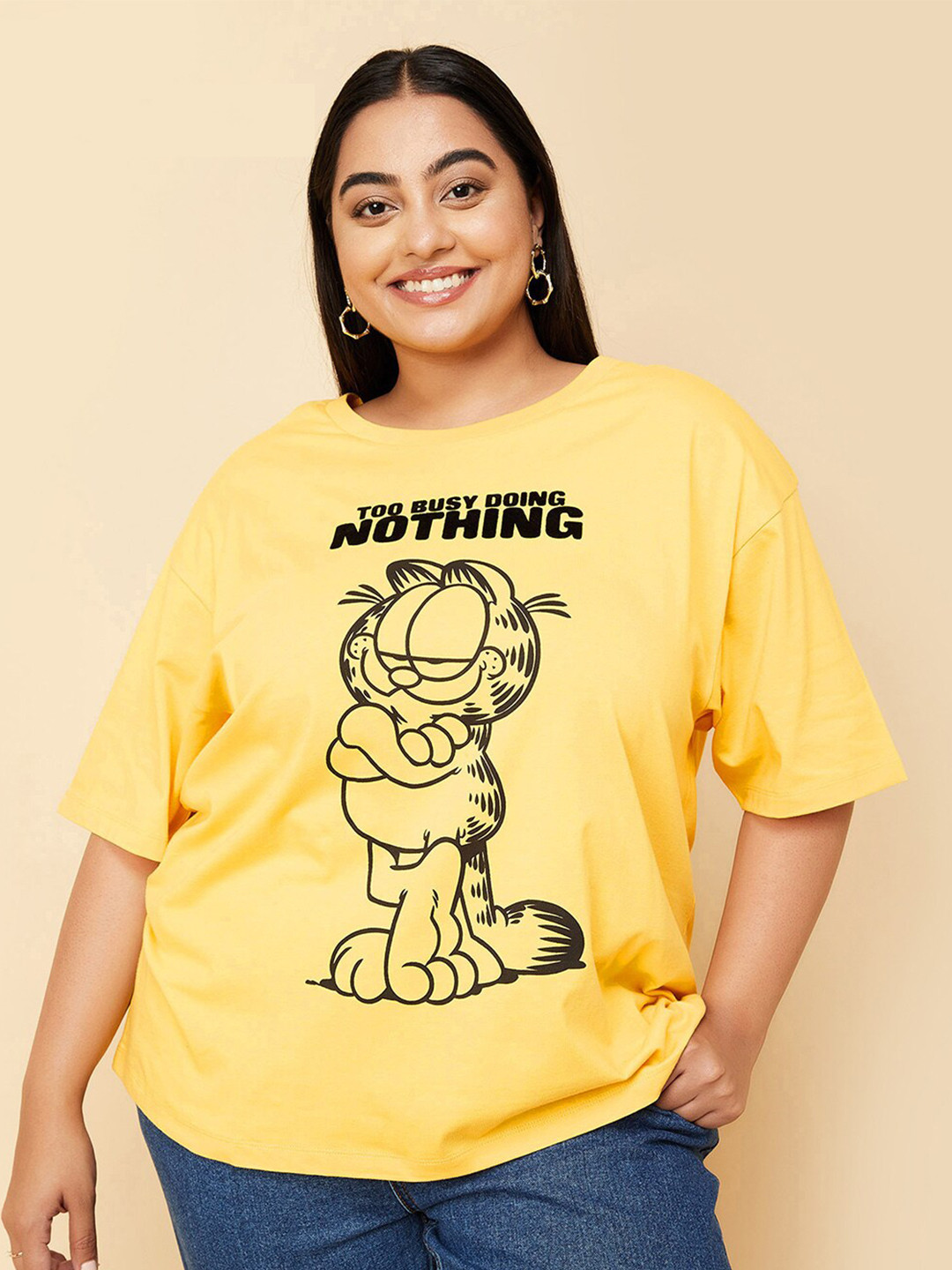 

max Plus Size Garfield Graphic Printed Drop-Shoulder Sleeves T-shirt, Yellow