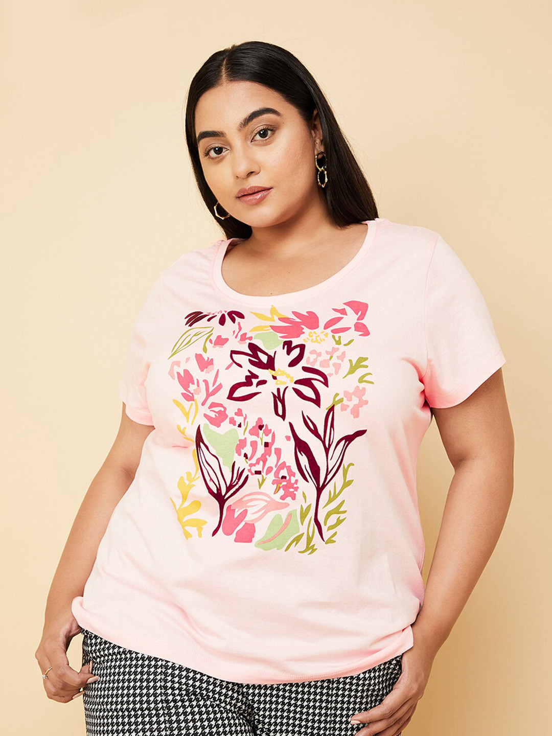 

max Plus Size Floral Printed Round Neck Cotton T-shirt, Pink