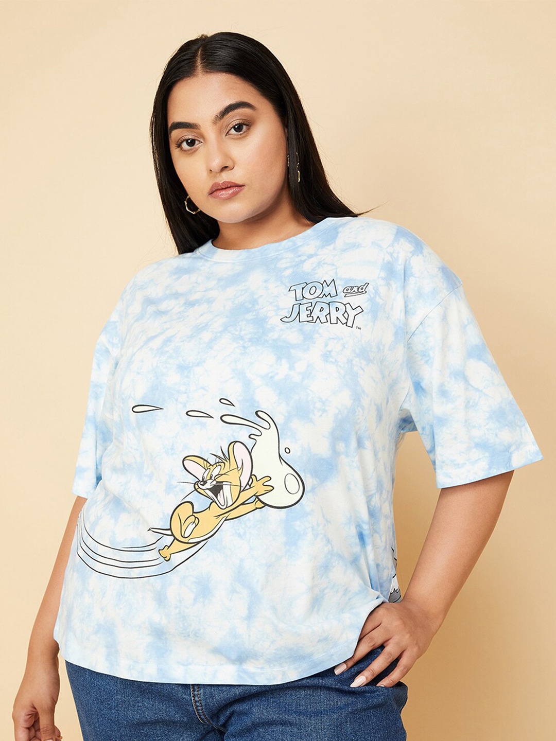 

max Plus Size Tom & Jerry Graphic Printed Round Neck Drop-Shoulder Sleeves T-shirt, Blue