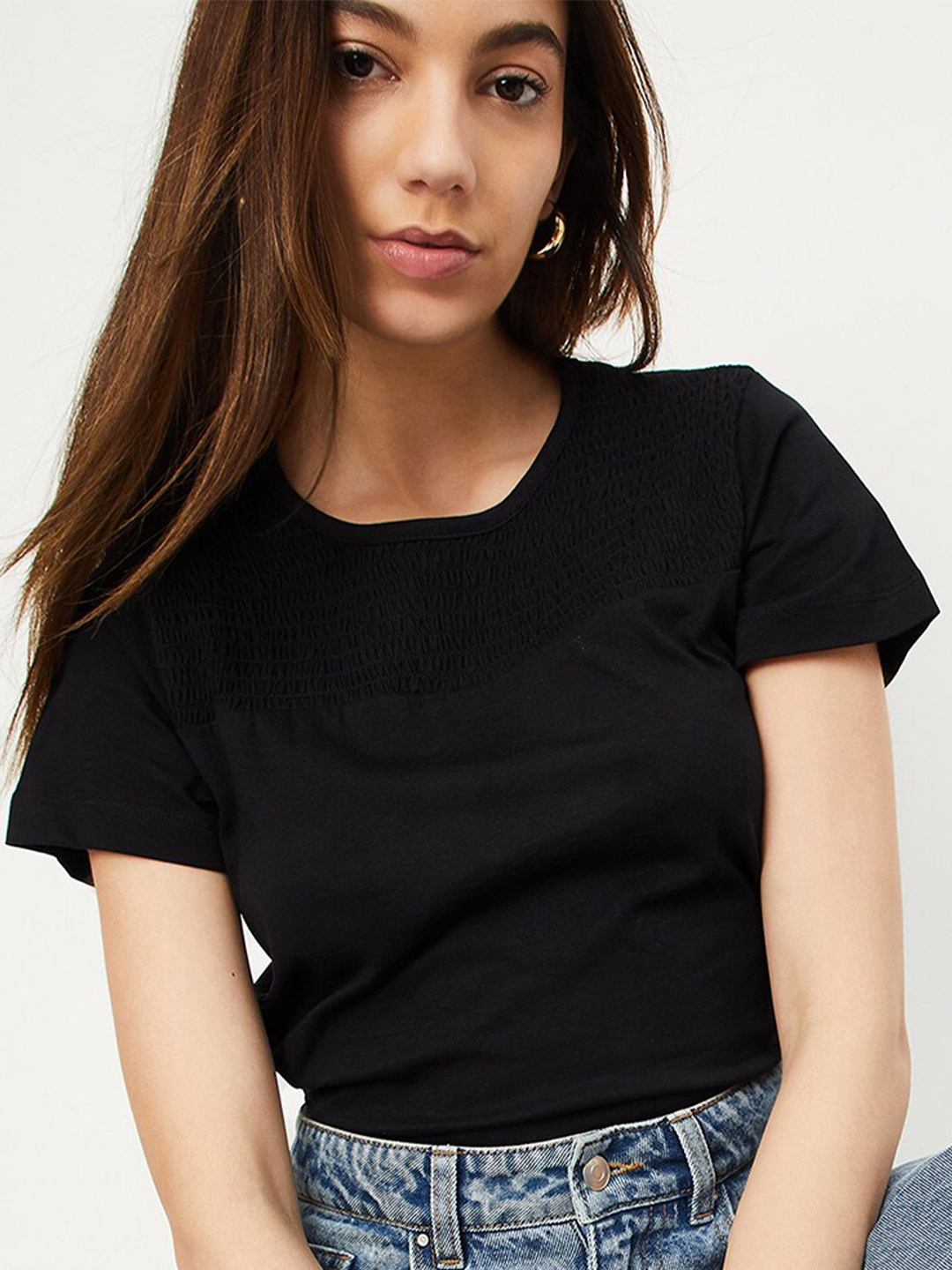 

max Smocked Round Neck Cotton T-shirt, Black