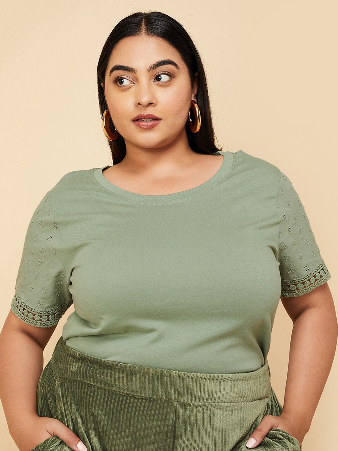 

max Plus Size Round Neck Longline Cotton T-shirt, Green