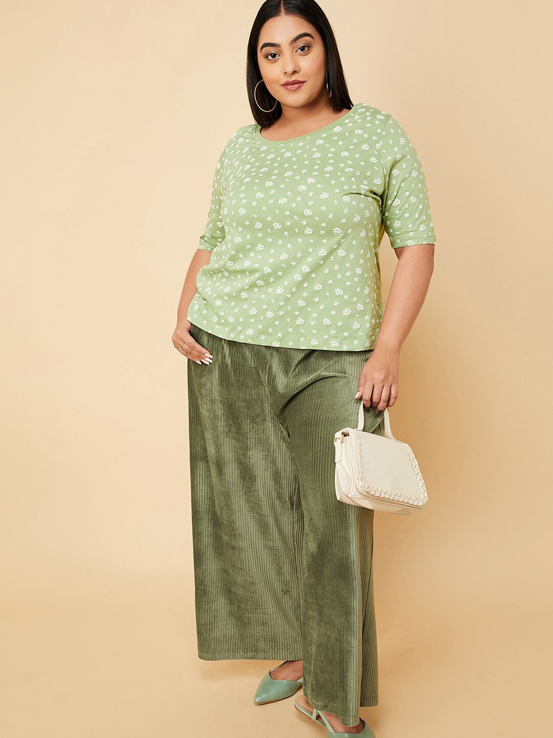 

max Plus Size Floral Printed Round Neck Cotton T-shirt, Green